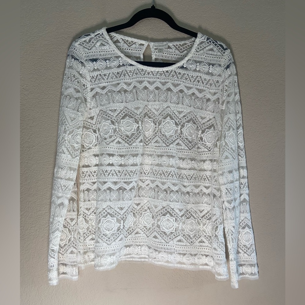 Garnet Hill Sz M White Embroidered Lace Knit Top Boho Long Sleeve cottage sheer